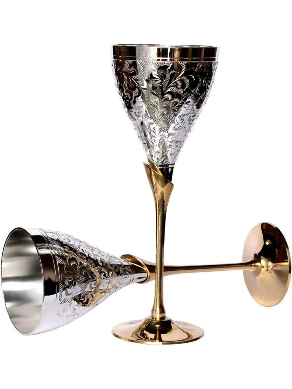 Engraved Brass Champagne Goblet Set - Elegant Silver Polished Wine Glasses